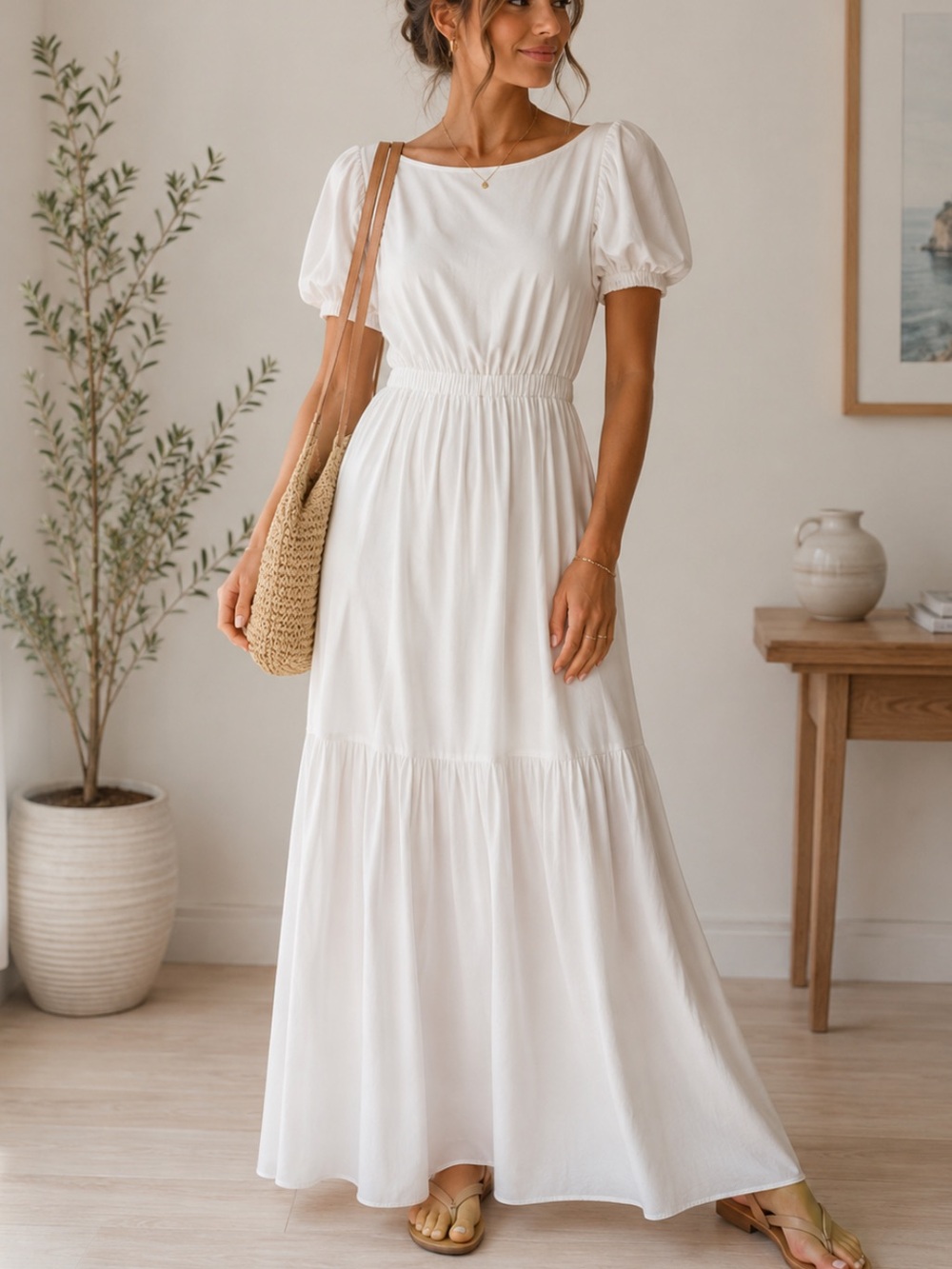 IDem ditto puff-Sleeve White Maxi Dress with Elastic Waist backless -medium - Picture 1 of 5